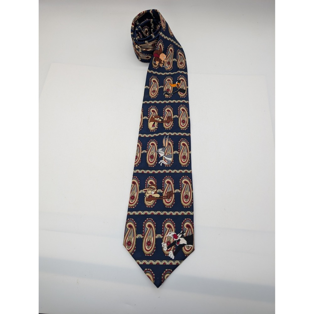Vintage Looney Tunes Navy Paisley Character Tie Bugs Bunny Daffy Duck 90s 58"x4"